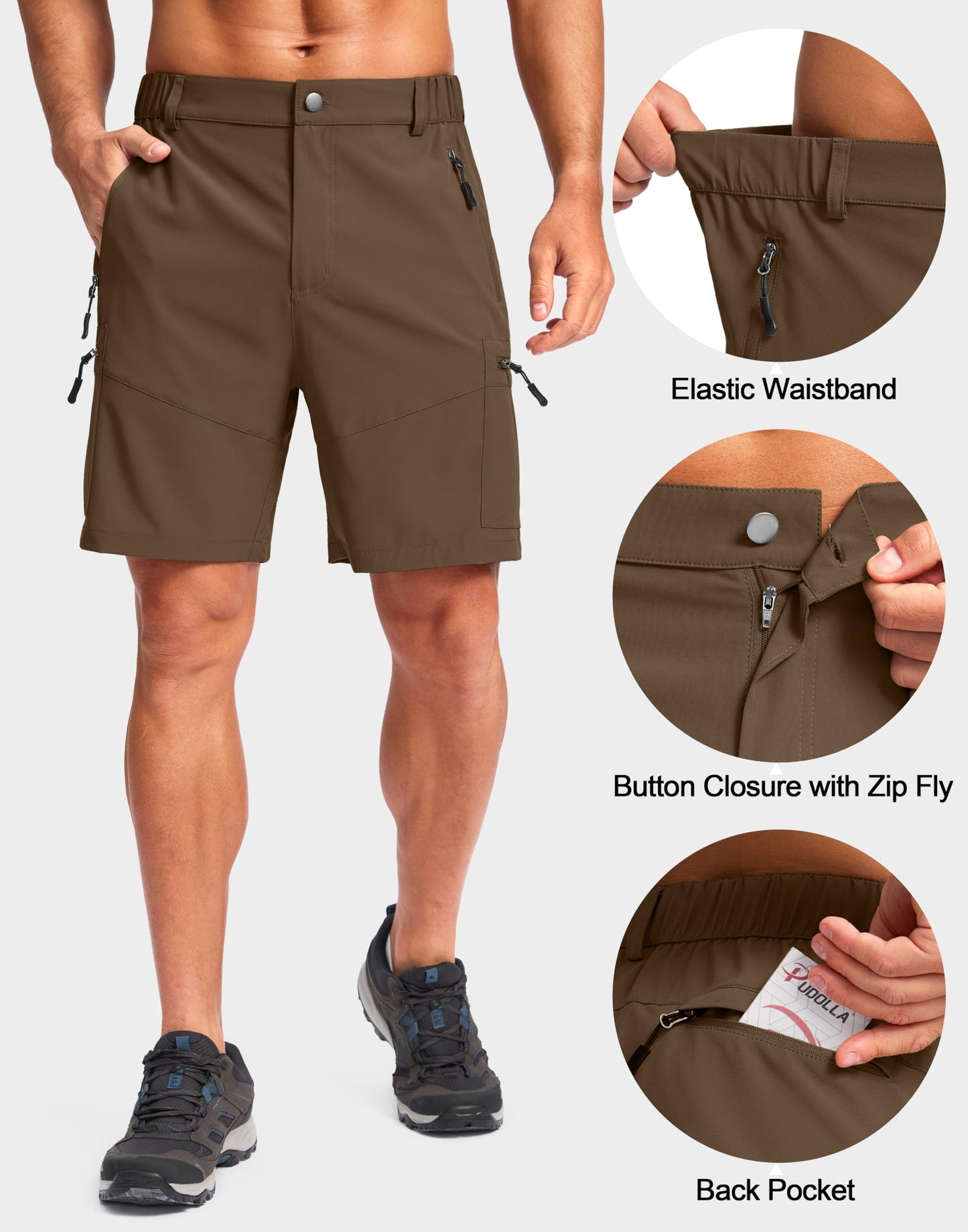Pudolla Men's Hiking Cargo Shorts Lightweight 7" Travel Casual Shorts for Men Golf Work Outdoor with 5 Zipper Pockets(Brown 3X-Large)