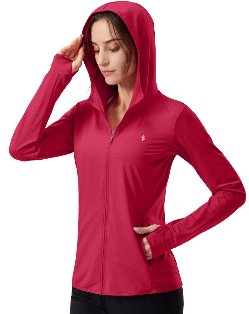 Soothfeel Women's UPF 50+ Sun Protection Hoodie Jacket Lightweight Long Sleeve Sun Shirt for Women with Pocket Hiking Outdoor(Red, XS)