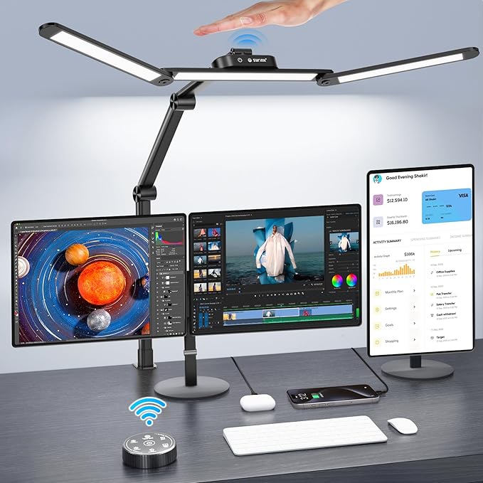 Syrinx LED Desk Lamp, Architect Desk Lamps for Home Office with Gesture Switch & Remote Control, 24W Bright Desk Light with 50 Light Modes Eye-Caring Desk Lamp with Clamp for Reading Study Workbench