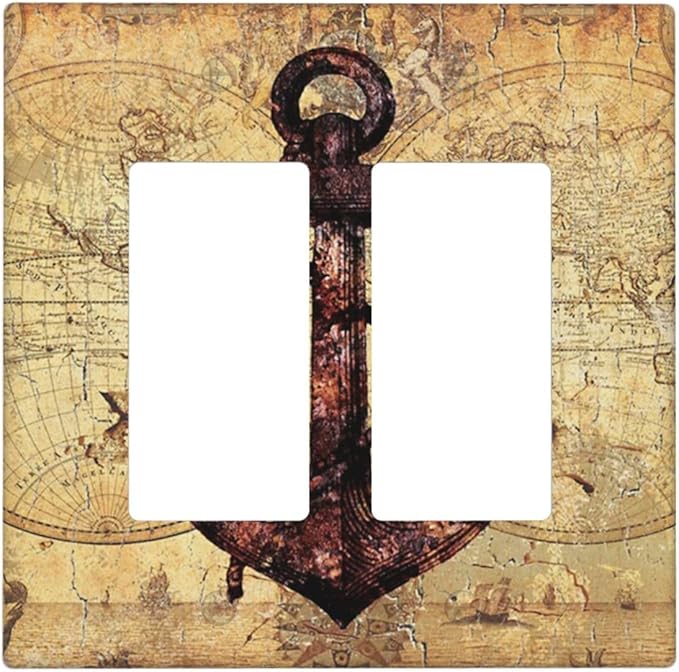Anchor Nautical Vintage Map Double Rocker Light Switch Cover 2 Gang Outlet Wall Plate Decorative GFCI Switchplate Electrical Faceplate for Office Livingroom Home Decor