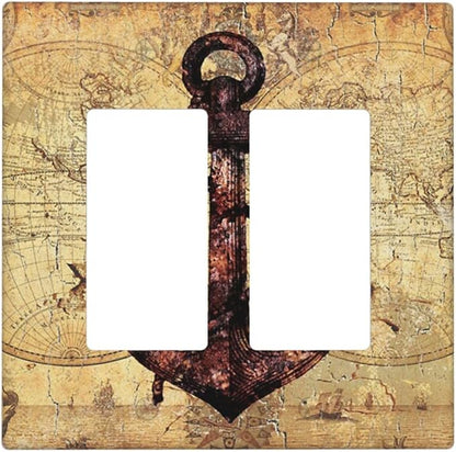 Anchor Nautical Vintage Map Double Rocker Light Switch Cover 2 Gang Outlet Wall Plate Decorative GFCI Switchplate Electrical Faceplate for Office Livingroom Home Decor