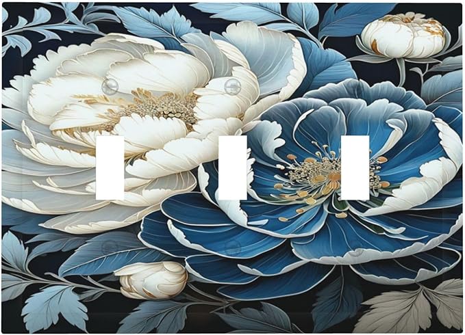 White Blue Flower Peonies Light Switch Covers 3 Gang Triple Toggle Wall Plate Decorative Switchplate Electrical Faceplate for Farmhouse Living Decor