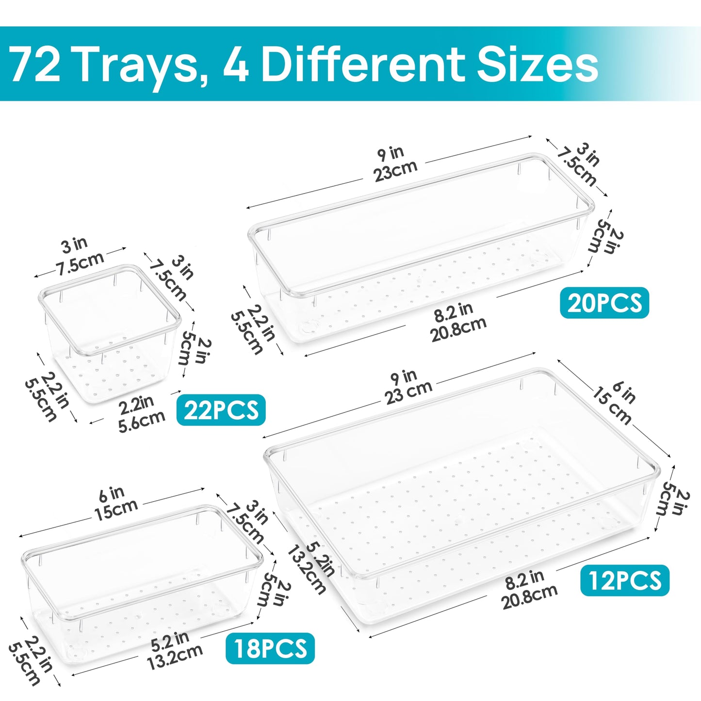 Vtopmart 72 PCS Clear Plastic Drawer Organizers Set, 4-Size Versatile Bathroom and Vanity Organizer Trays, Non-Slip Storage Containers for Makeup, Jewelries, Bedroom，Kitchen Utensils and Office