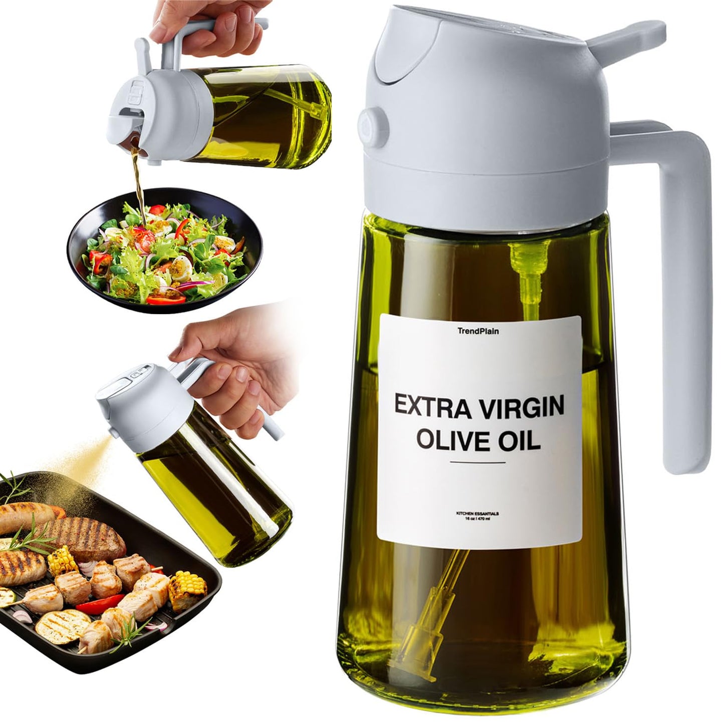 TrendPlain - Original 16oz/470ml Olive Oil Dispenser Bottle for Kitchen Gadgets and Air Fryer Accessories - Olive Oil Sprayer for Cooking w/Stickers - Black&Green