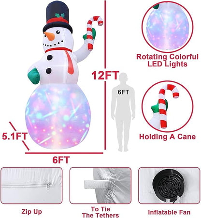 TURNMEON 12Ft Giant Christmas Inflatable Snowman Holds Candy Cane Decoration Outdoor Blow Up with Color Rotating LED Lights Stakes Tethers Christmas Decoration Home Yard Lawn Garden Xmas Holiday Party