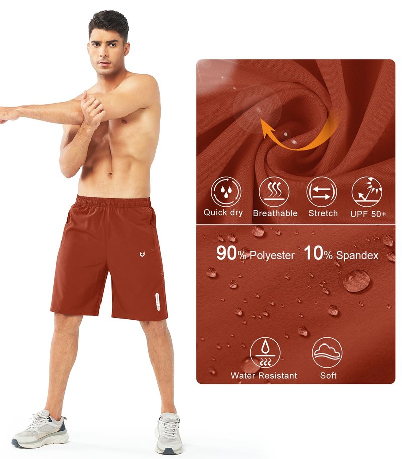 NORTHYARD Men's Athletic Running Shorts Gym Workout 7"/9"/5" Quick Dry Lightweight Sports Basketball Tennis 3 Zipper Pockets REDCLAY-9inch M