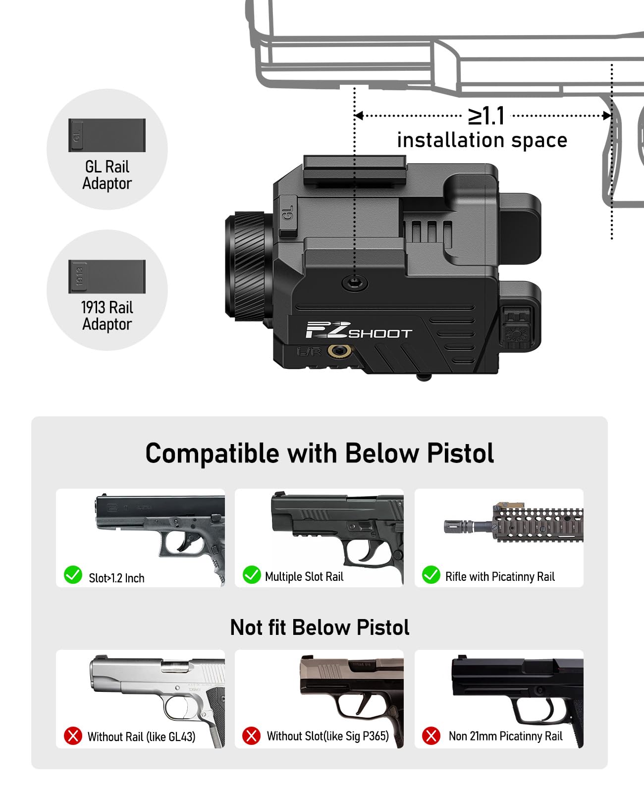 EZshoot 1000 Lumens Pistol Light Laser Combo - Rechargeable Gun Light with Slide Rail Compatible with Glock and Picatinny Rail, Pistol Flashlight with Blue Laser Beam for Home Defense,Range Training
