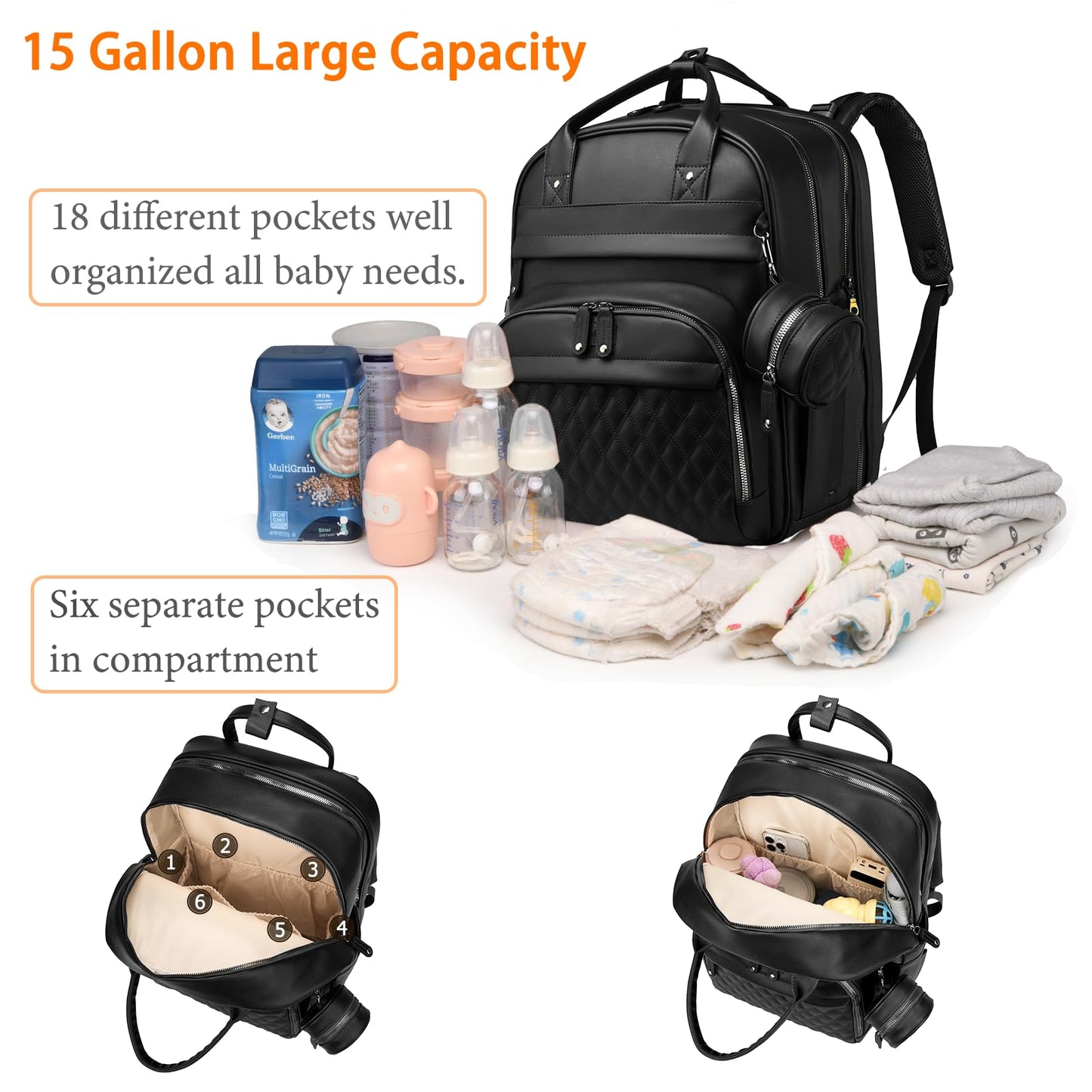Astro alan Baby Diaper Bag Backpack with Changing Station, Waterproof Large Capacity Diaper Bag for Moms and Dads, Plant-Based Leather with USB Charging Port, Baby Gift for New Parents, Black