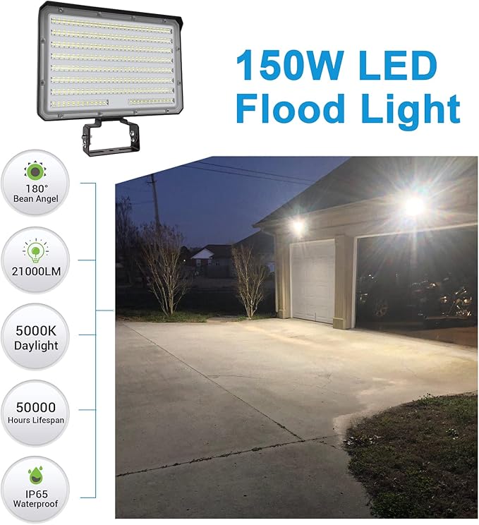 150W LED Outdoor LED Flood Light, 21000LM 1500W Equivalent, AC100-277V 5000K Daylight IP65 Waterproof Outdoor Sercurity Light for Landscape/Parking Lot