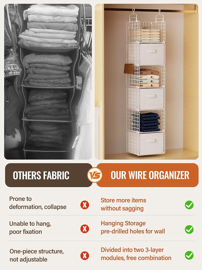 Closet Hanging Organizer with Drawers, 6 Tier Metal Closet Organizers and