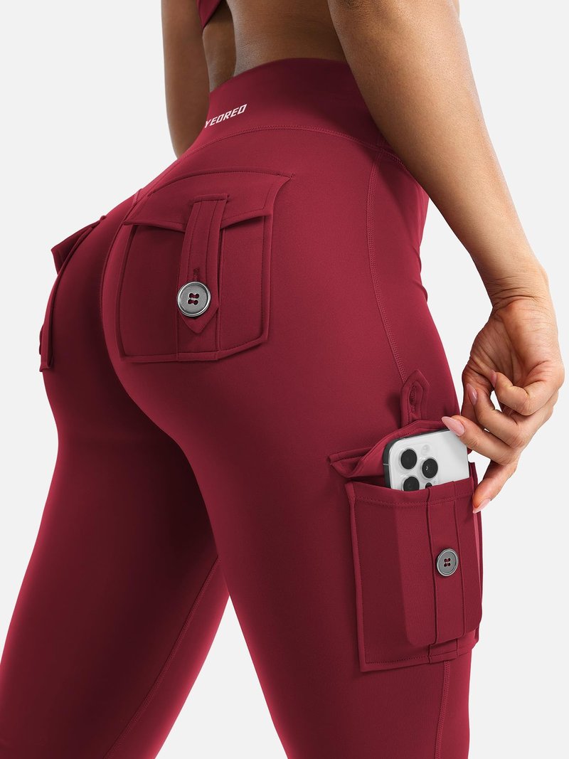 YEOREO CoreFlex Women Workout Flare Leggings with Pockets Hidden Scrunch High Waisted Cargo Gym Yoga No Front Seam Leggings Wine XXL