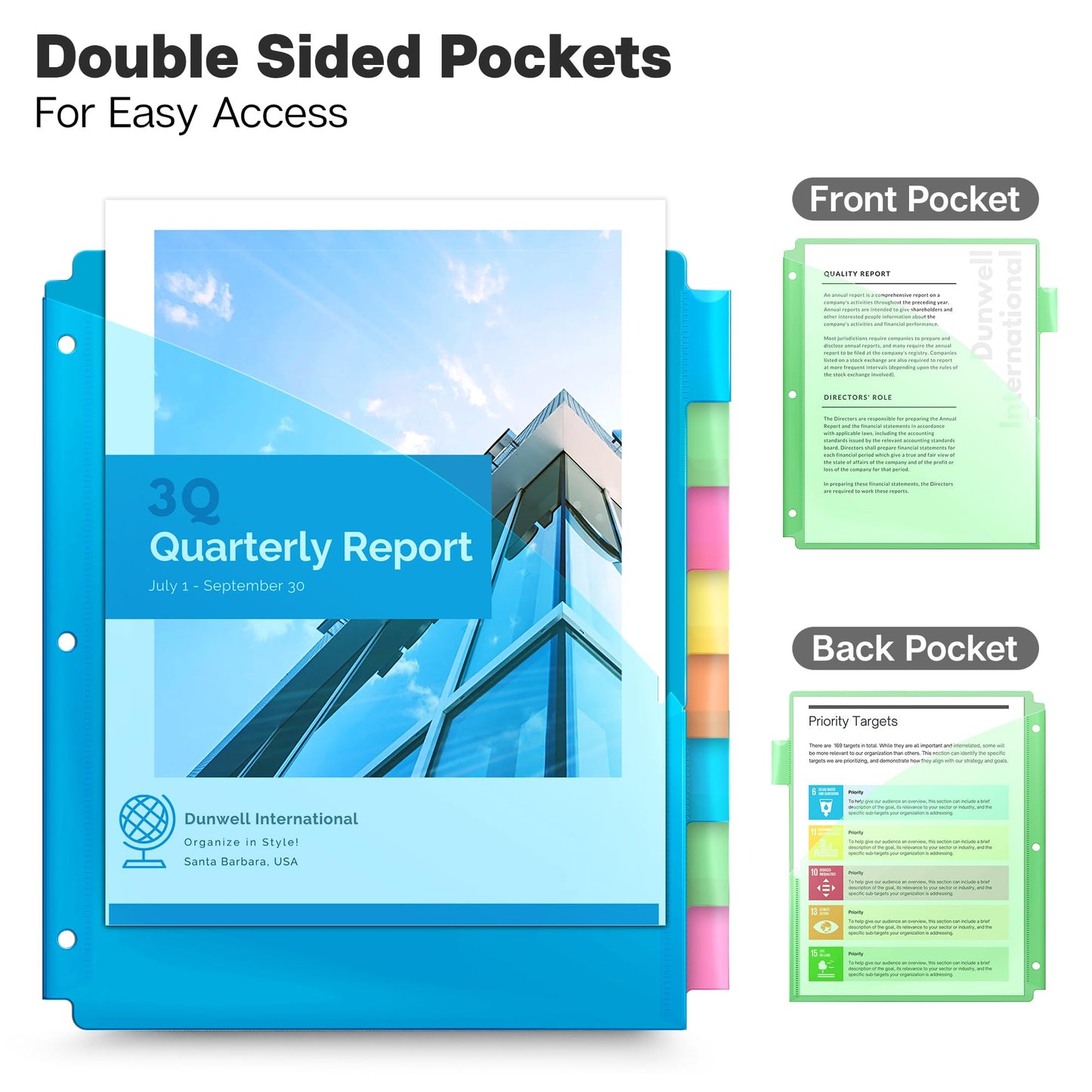 Dunwell 2-Pocket 8 Tab Binder Dividers (3 Sets, 24 Count), Plastic 8 Subject Notebook Dividers with Pockets for 3-Ring Binders, Durable Binder Pocket with Colorful Tabs, Letter Size