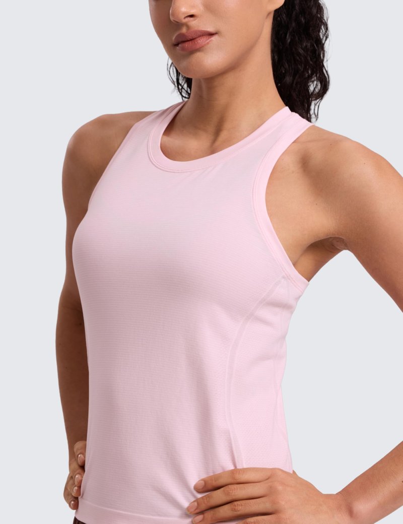 CRZ YOGA Seamless Workout Tank Tops for Women - Athletic Running Gym Sleeveless Shirts Crewneck Racerback Breathable Strawberry Pink Medium