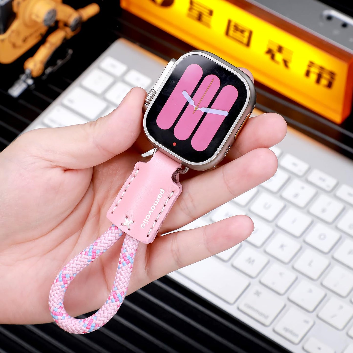 pamovolio leather braided short paracord for apple watch fob keychain clip pocket watch ultra49mm series123456789se10s11 46/44/45/42/41/38mm chain watch band key Holder Ring49