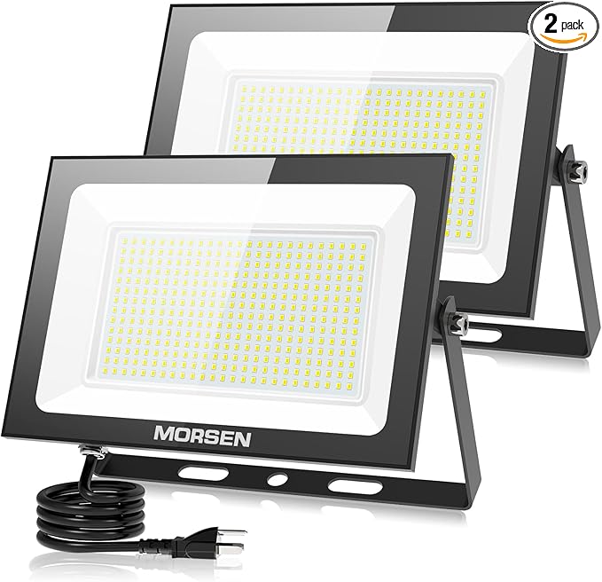MORSEN LED Flood Light Outdoor 200W 30000 Lumens Work Light with Plug 6500K Outside Portable Exteriores Security Floodlights for Yard Garage Garden Lawn IP66 Waterproof Flood Light 2 Pack