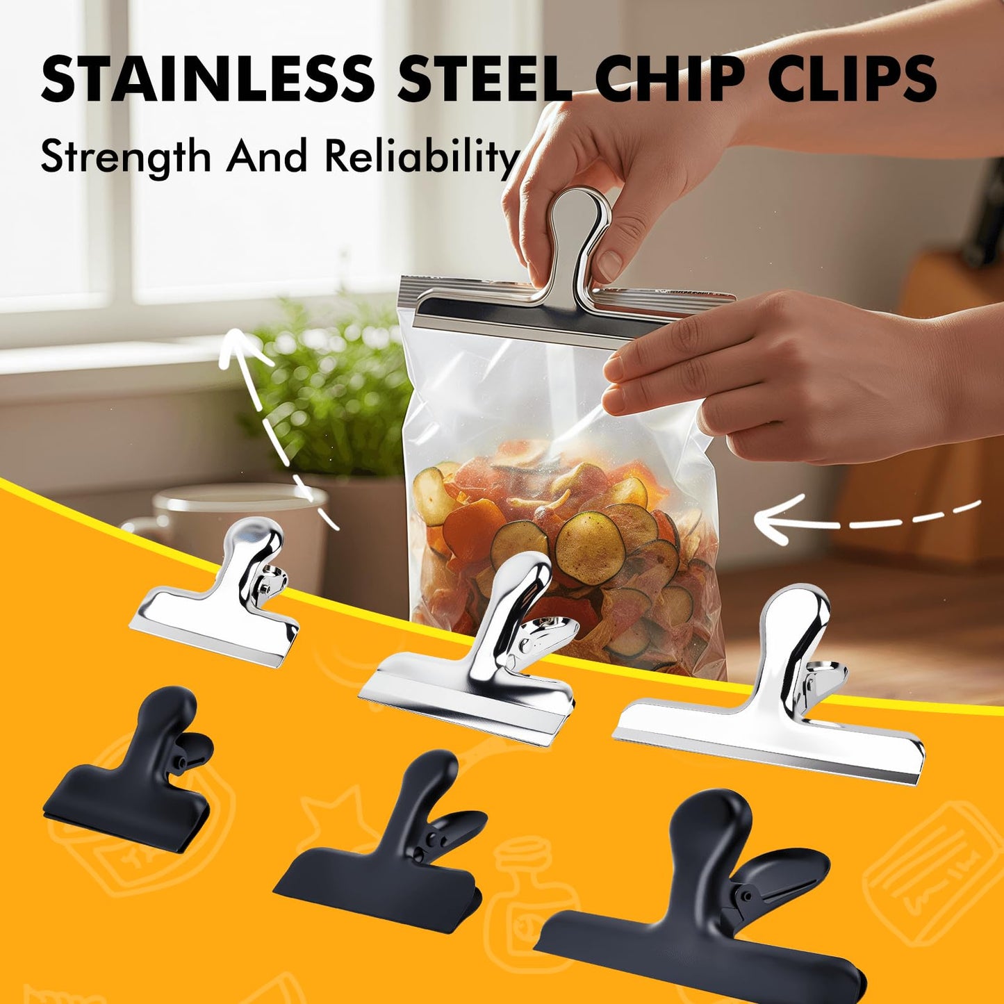 Chip Clips, 12Pcs Sliver Metal Bag Clips for Food Packages, Snack Chip Clip for Bags, Kitchen Snack Bag Clip for Food Packages and Office Home, 3 Inches