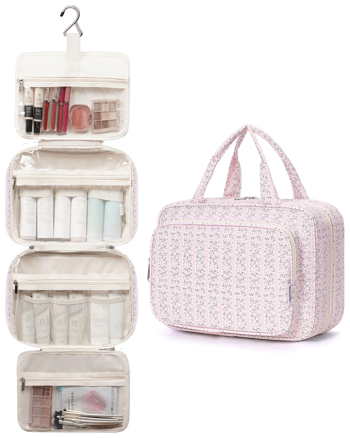 Narwey Travel Toiletry Bag for Women Large Hanging Makeup Bag Organizer Toiletries Bag for Full Size Essentials Accessories Cosmetics (Pink Flower Buds (Large))