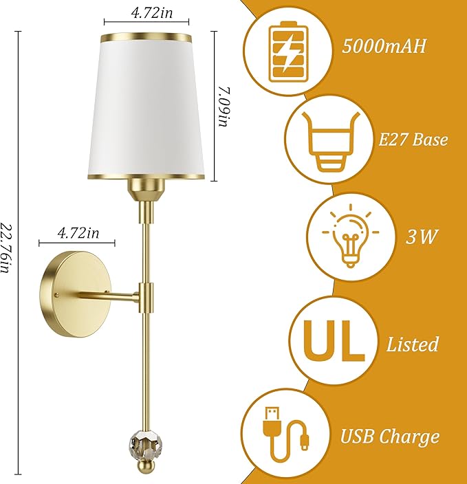 PAIHOME Gold Battery Operated Wall Sconce Set of Two, Rechargeable Wireless Sconces with 5000mAh, 15 Colors Remote Control Dimmable Wall Sconce for Bedroom Living Room Bathroom Hallway Wall Decor