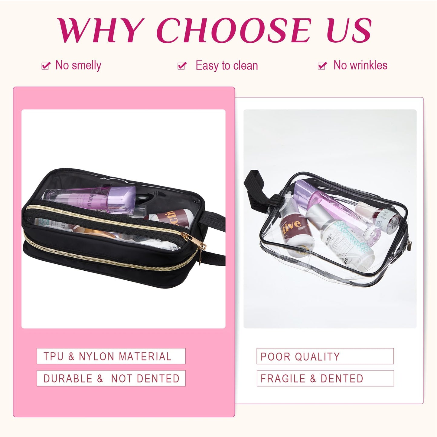 Pinkunn 3 Pcs Clear Makeup Bags Tsa Approved Toiletry Bag with Handles Cosmetic Bags with Zipper Small Clear Travel Toiletry Bag for Women Carry-on Travel Essentials(Black, White, Rose Red)