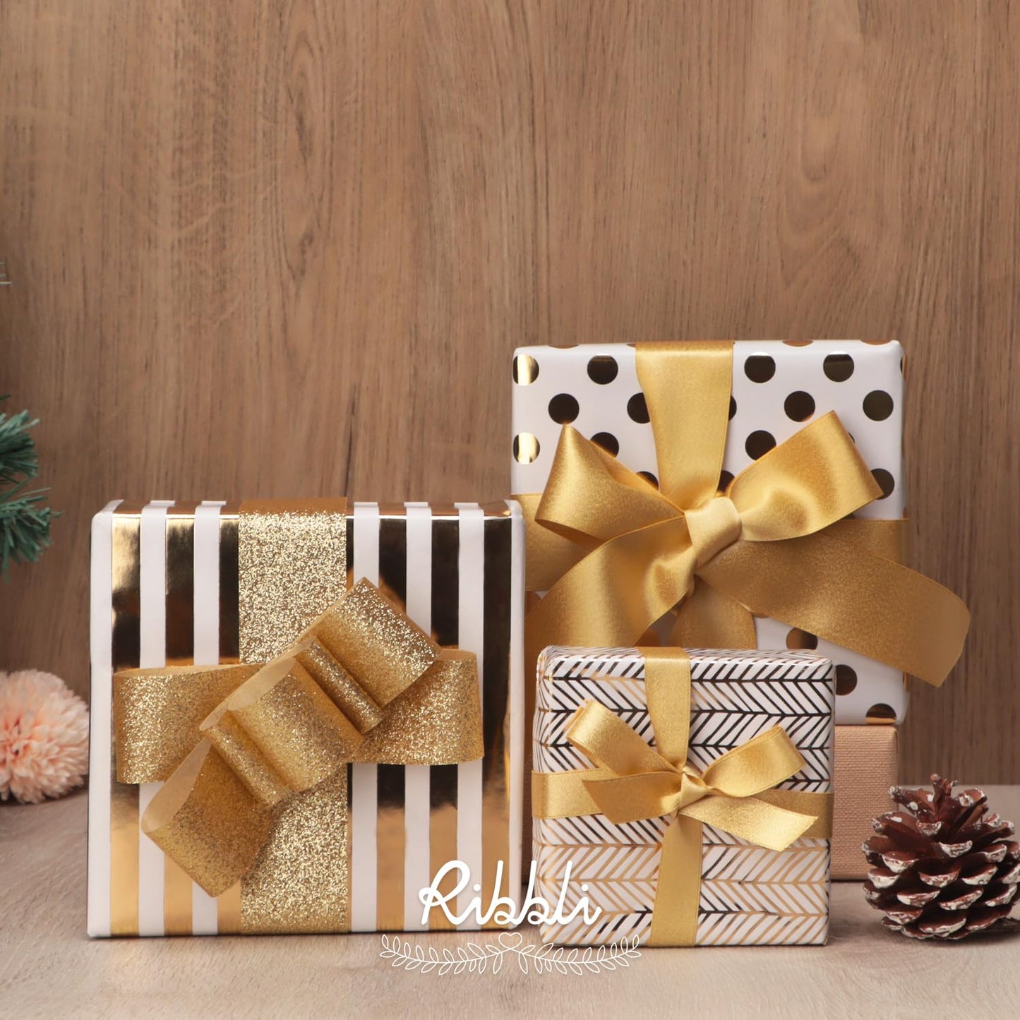 Ribbli Birthday Wrapping Paper White and Gold Gift Wrapping Paper for Christmas Mini Roll, 3 Rolls Polka Dots Stripes Geometry Pattern with Gold Foil - 17 inch x 120 inch(10feet) Per Roll