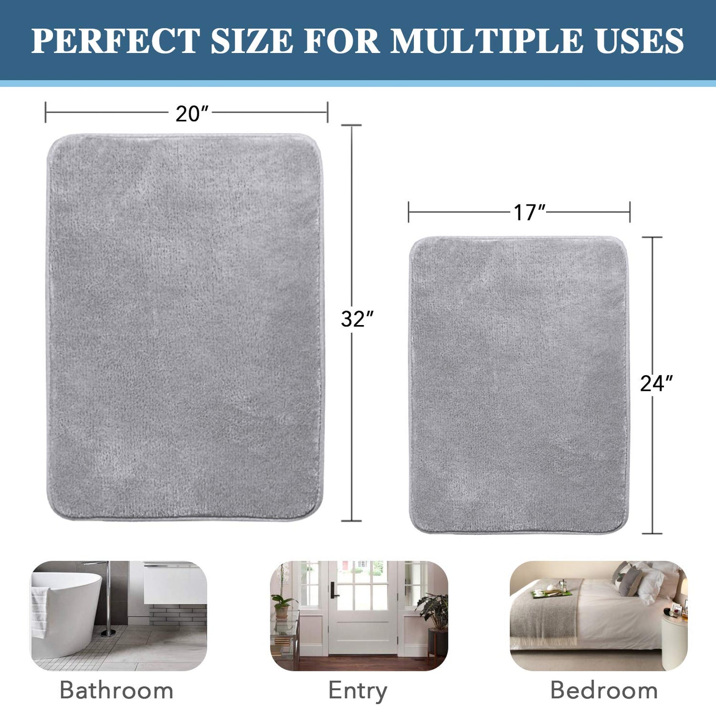 H.VERSAILTEX Bath Mat Memory Foam Set Bathroom Rug Set Flannel Velvety Bath Mat Luxury Extra Soft and Absorbent Non Slip Rugs for Bathroom/Bedroom Washable(2 Pack- 20"x 32"/ 17"x 24", Grey)