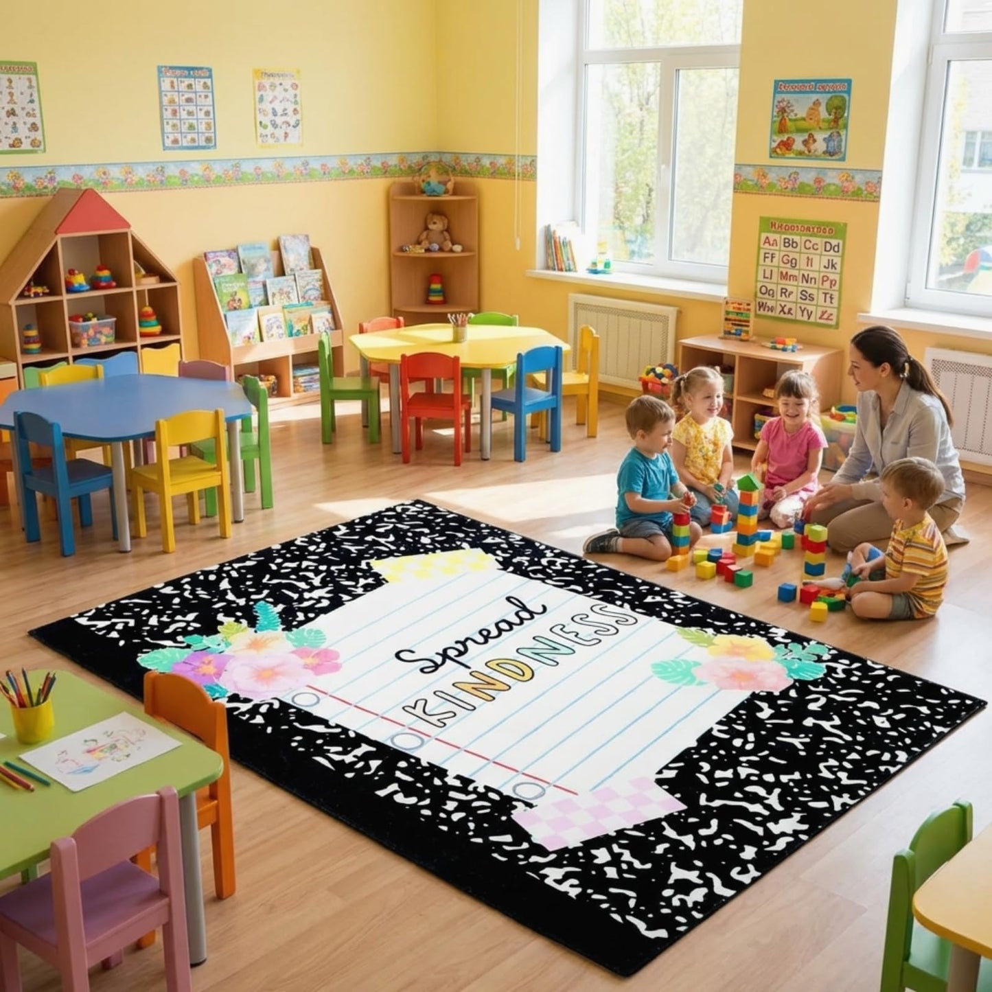 Breling 6 x 9 ft Composition Notebook Classroom Rug Spread Kindness Calming Corner Rug, Inspirational Quote Carpet Non-Slip Reading Corner Emotion Soft Fluffy for for Classroom, Preschool, Playroom