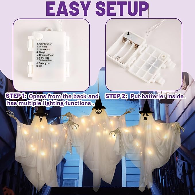 SUNBEAUTY Hanging Ghost, Halloween Decorations Outdoor/Indoor-3Pcs Ghost Decor with Light, Halloween Ornaments, Hallowee n Decor for Tree, Yard, Window, Garden