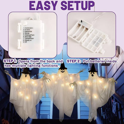 SUNBEAUTY Hanging Ghost, Halloween Decorations Outdoor/Indoor-3Pcs Ghost Decor with Light, Halloween Ornaments, Hallowee n Decor for Tree, Yard, Window, Garden