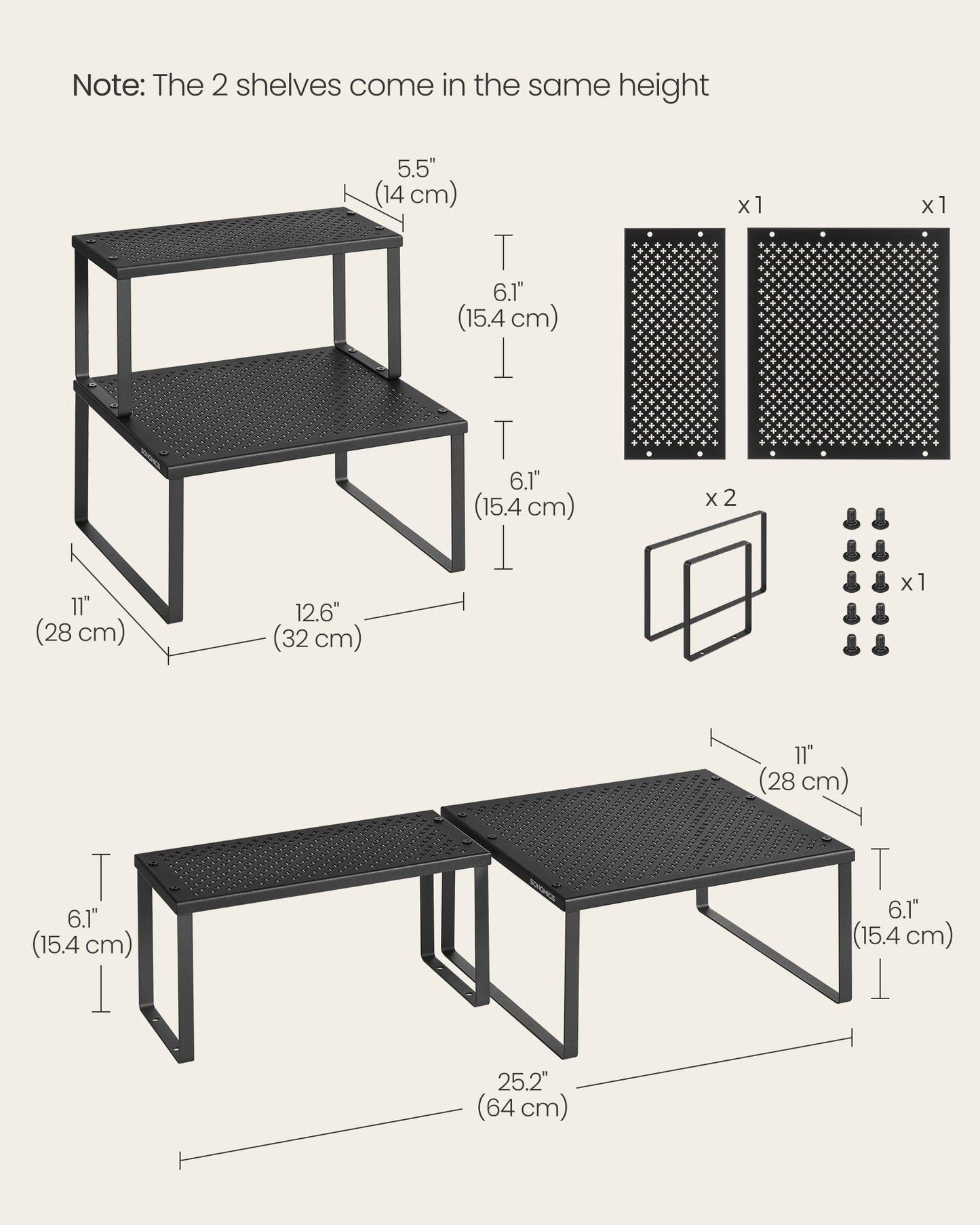 SONGMICS Spice Racks, Set of 2 Metal Cabinet Shelf Organizers, Countertop Organizers, Shelf Risers, Stackable, Expandable, Silver UKCS01SV
