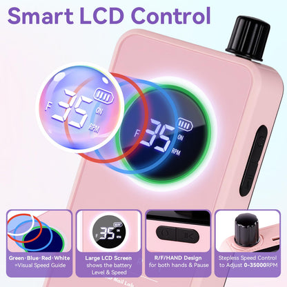 Makartt Nail Drill Professional: 60W 35000RPM Electric Nail File with Coreless Motor, 2 in 1 Desktop & Portable, Drill Bits and LCD Display for Acrylic Gel Nails, Nouvella Pink