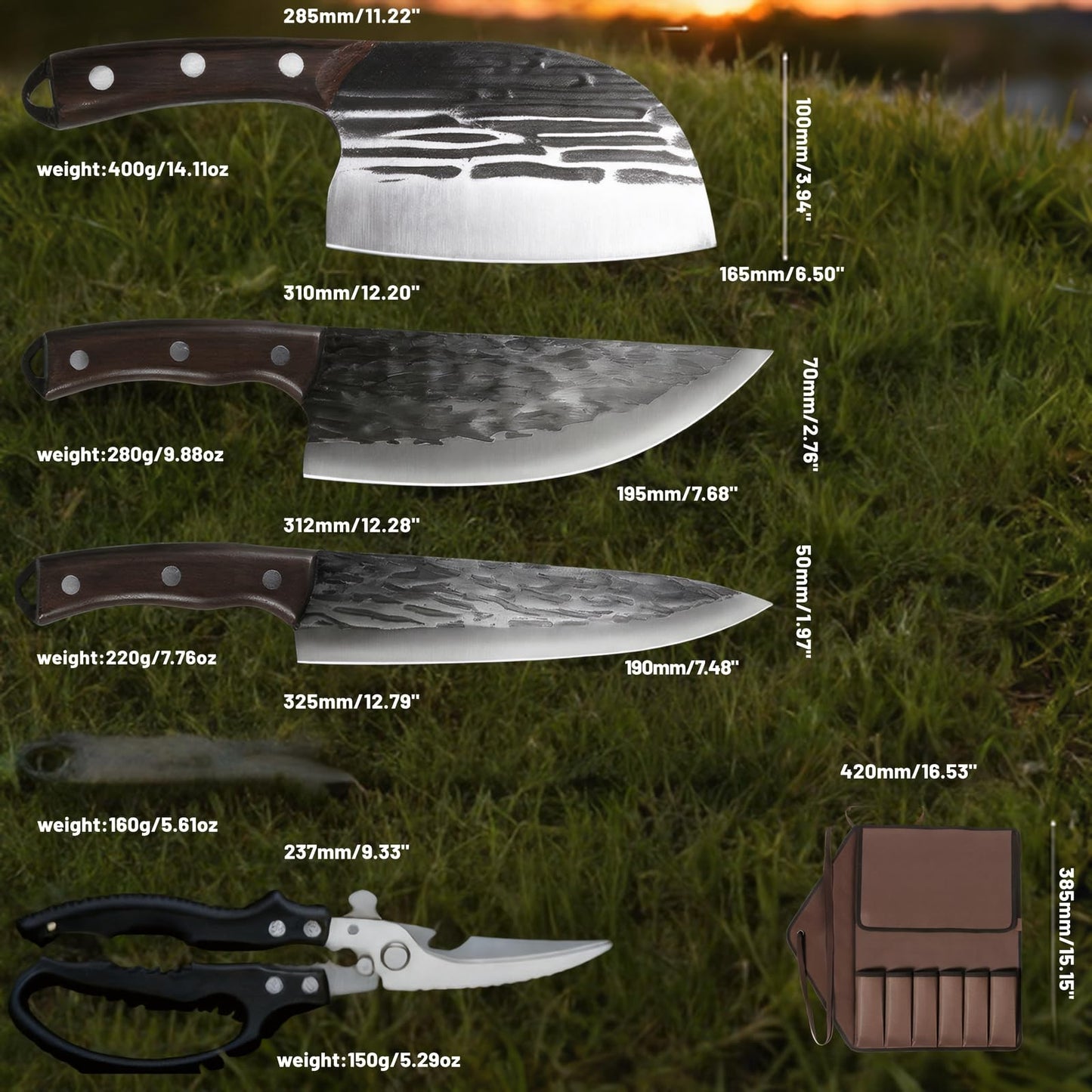 KOFERY Hand Forged Butcher Knife Set with Full Tang Damascus Steel for Pit Master BBQ, Smoking Meat and Meat Carving, Including Roll Bag, Shears and Sharpener for Outdoor Camping Gifts for Men