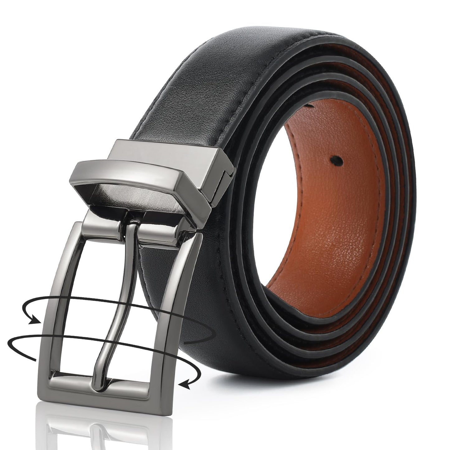 AWAYTR Reversible Leather Belt for Women - Two Color-in-One Belt for Jeans Dress Women Men Belt with Rotated Buckle(Brown/Black with Gun Color Buckle 32in-38in)