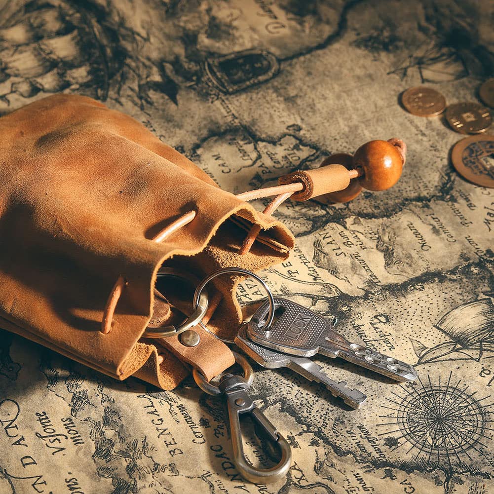 Wugebud 1 Pcs Leather Mini Medieval Pouch Keychain, Coin Organizer, Change Holder, Leather Drawstring Pouch for Men & Women