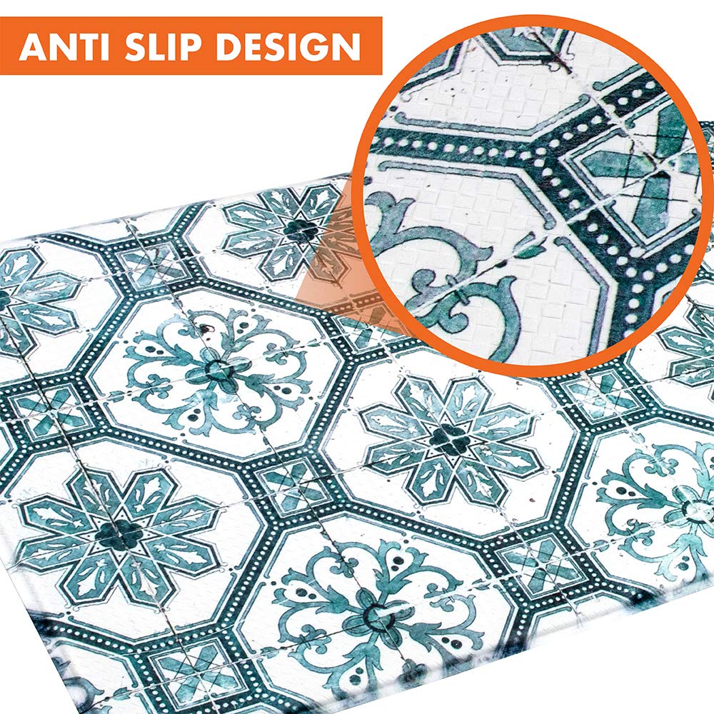 OPUX Anti Fatigue Kitchen Floor Mat, Reversible Cushioned Memory Foam Kitchen Rug Pad, Waterproof Non-Slip Padded Comfort Standing Mat Office Laundry Home, 32x17 (Floral Tile Blue)