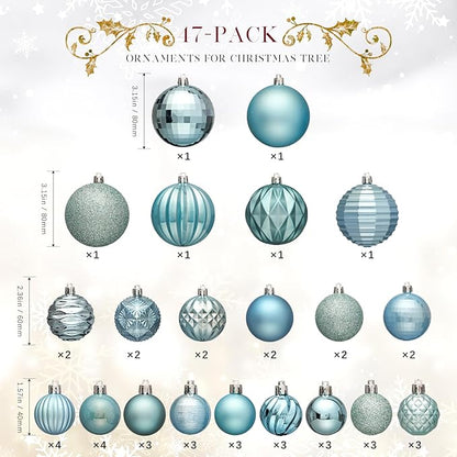 JORNOY Christmas Tree Ornaments Set, 47 Pack Assorted Shatterproof Hanging Balls Decorations, Plastic Bulbs Bulk with Lanyard for Home Holiday Party Decor, 3-Sizes (Sky Blue)