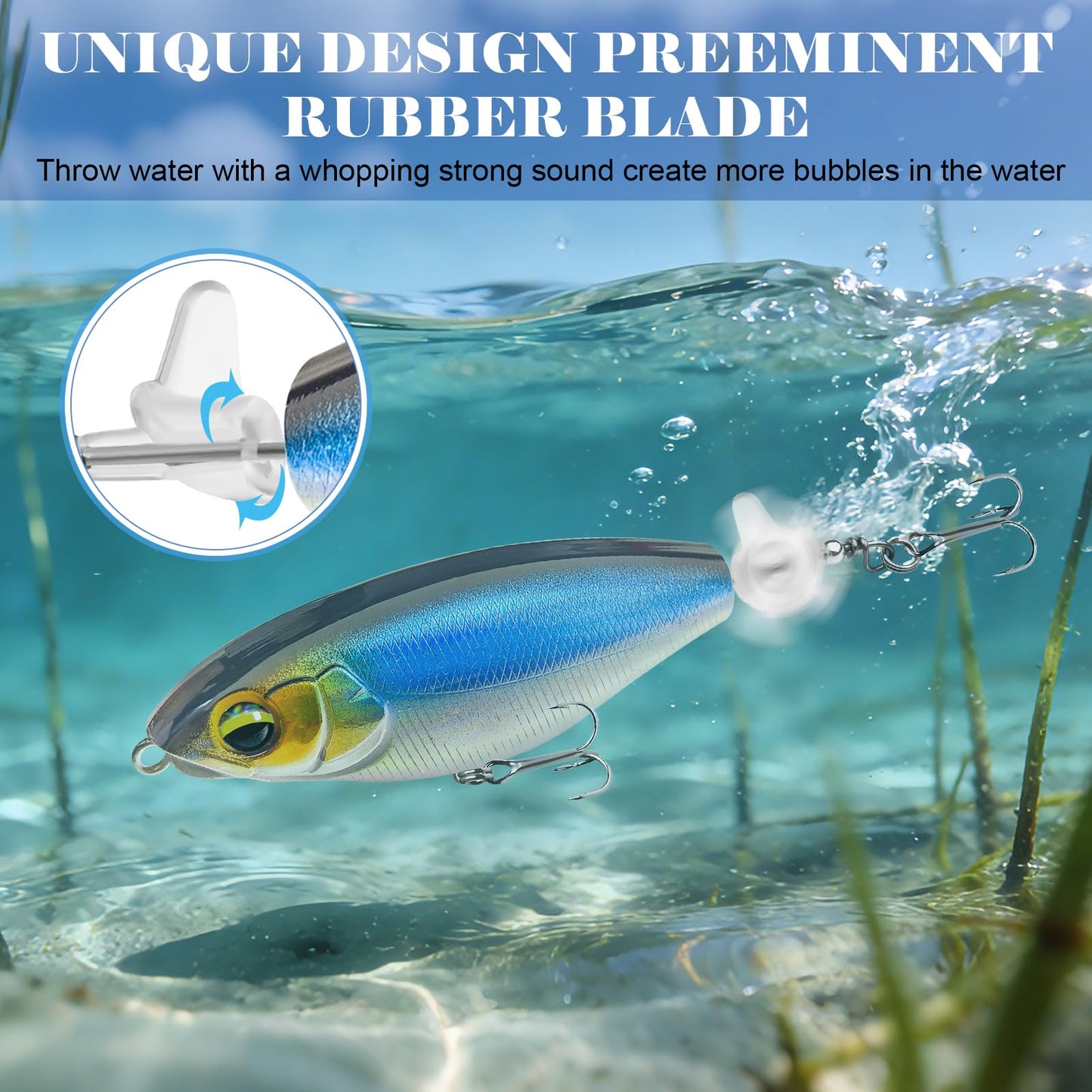 WWFIOO 3-Pack Propeller Tail Topwater Fishing Lures – Floating Popper Crankbait with 3D Eyes, UV Coating, Sound & Splash for Bass Trout Saltwater Freshwater Fishing (B)
