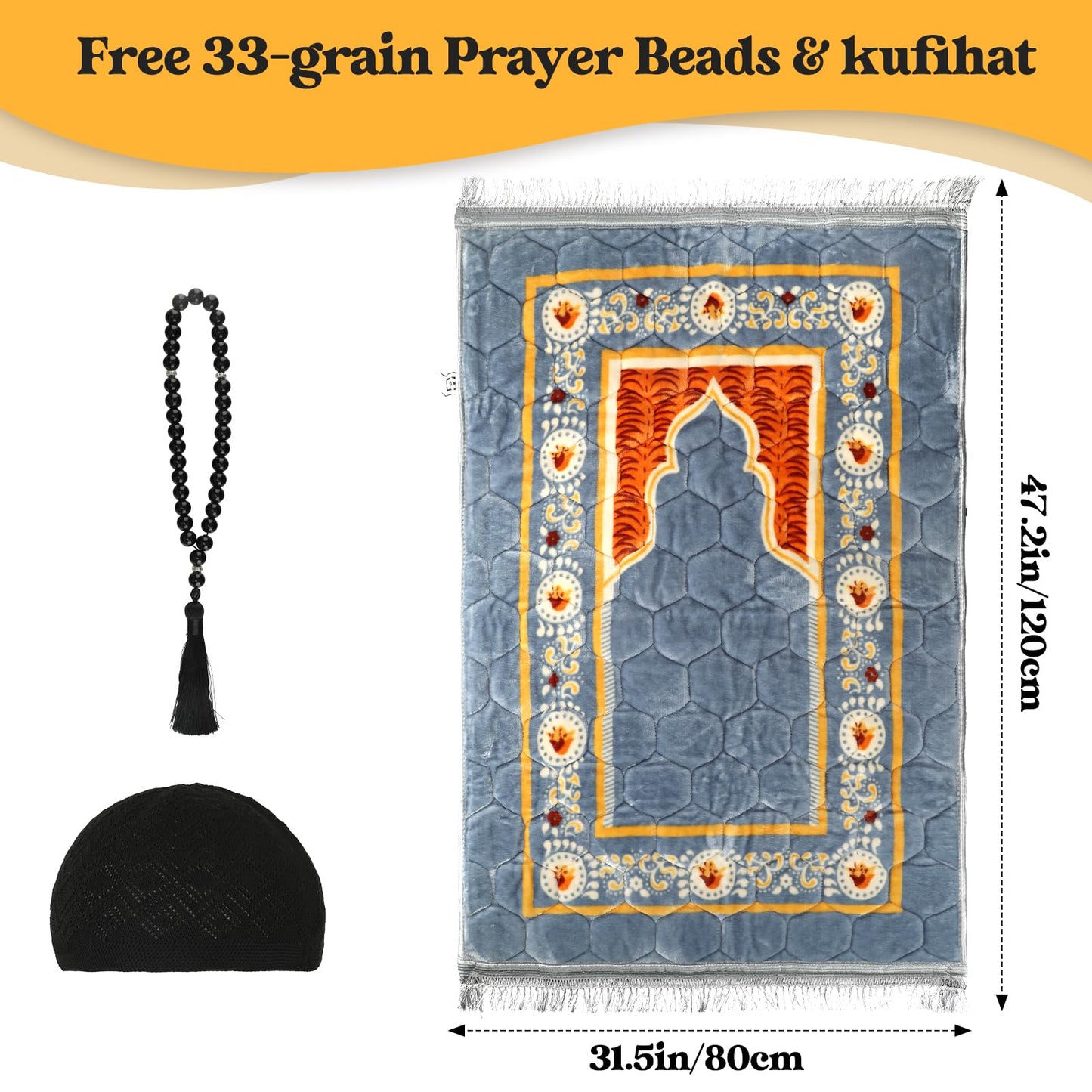 Oeofuzep Muslim Prayer Rug with Tasbih Prayer Beads & Kufi Hat, Padded Very Thick Prayer Rug Sajadah for Men and Women (Gray1)