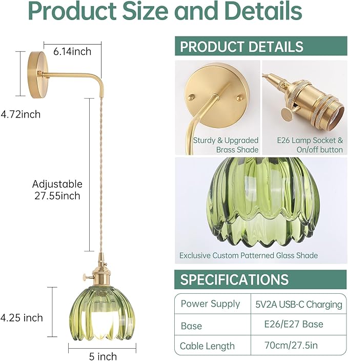 Battery Operated Wall Sconce with Green Tulip Shade Pattern Glass Adjustable Chain Retro Gold Wall Mounted Light, Modern Wall Lamp Fixtures Decor for Bedside Bedroom Indoor Doorway