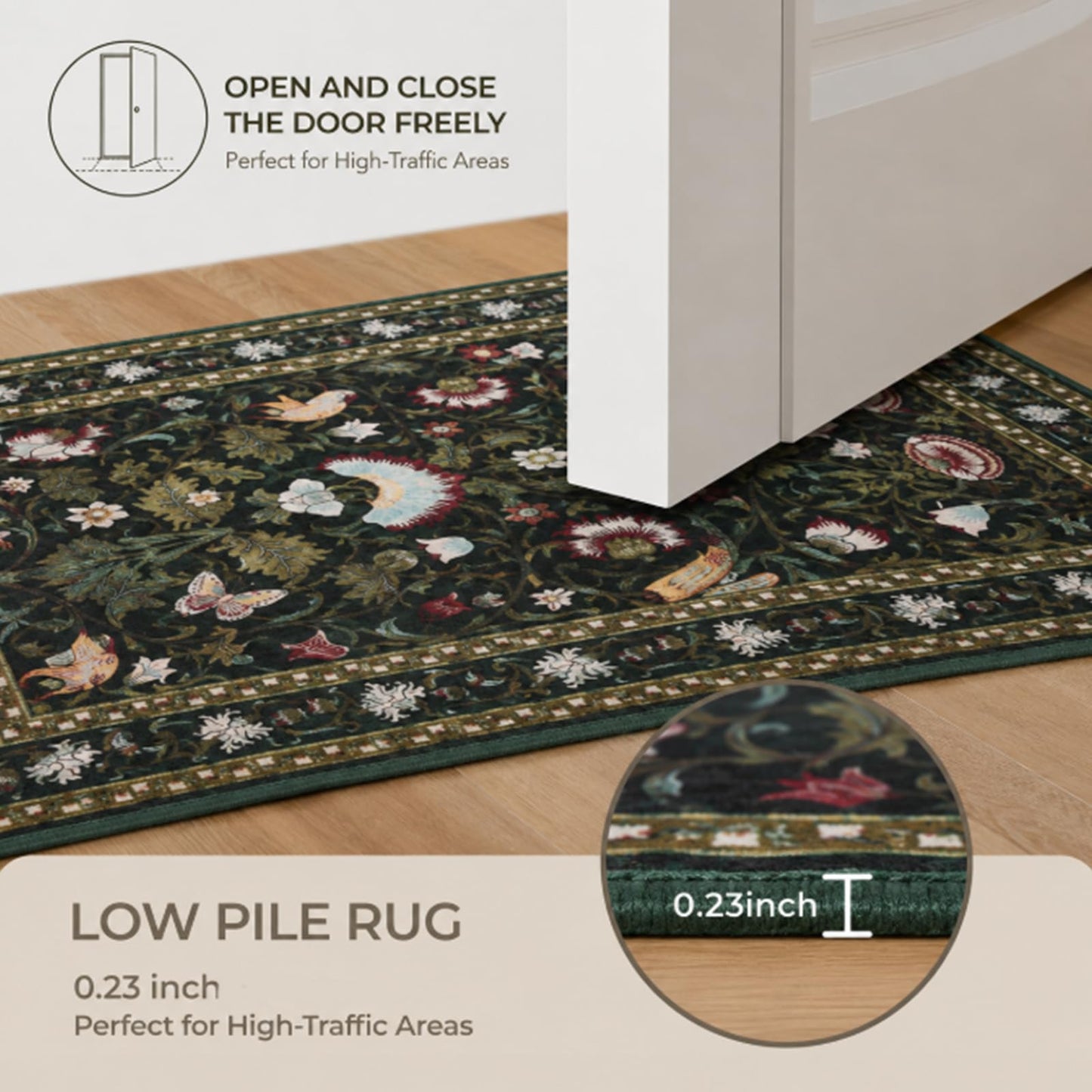 Helthep 5 * 7 Vintage Floral Bird Washable Green Area Rug for Living Room