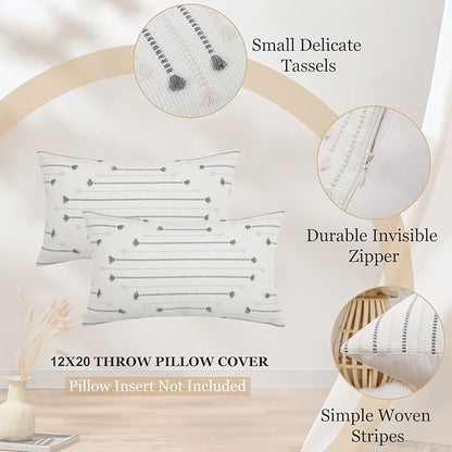 Mecatny Boho Outdoor Throw Pillow Covers 12X20 Set of 2, Farmhouse Lumbar Pillow Covers for Couch Sofa Living Room, Beige & Grey