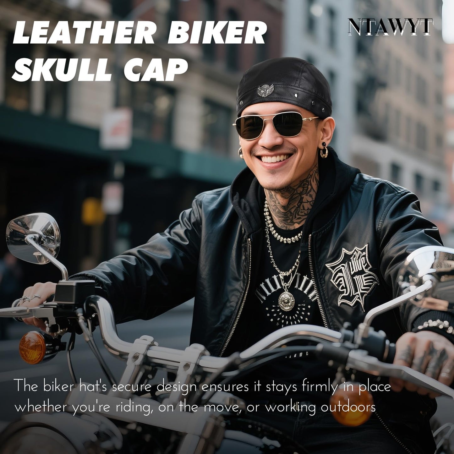 NTAWYT Leather Biker Hats for Women Cycling Skull Cap Adjustable Doo Rag Black Bandana