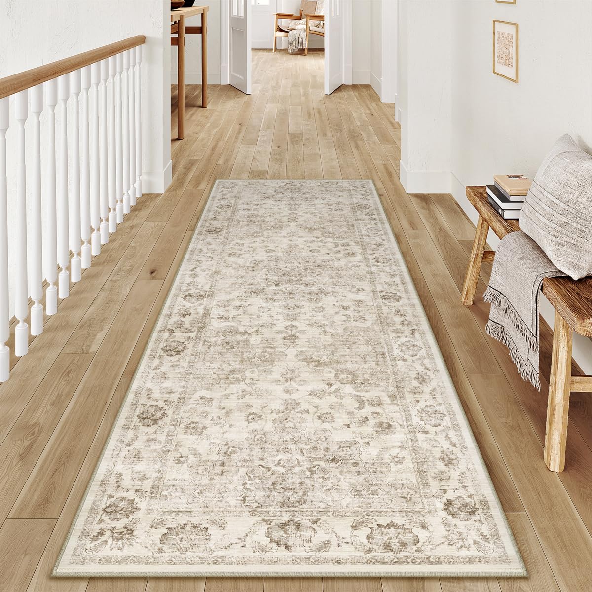 WondRg 2x6 Washable Neutral Runner Rug Beige Vintage Hallway Kitchen Carpet Non-Slip Soft Low Pile Farmhouse Throw Rug for Bedroom Bathroom Laundry Living Room