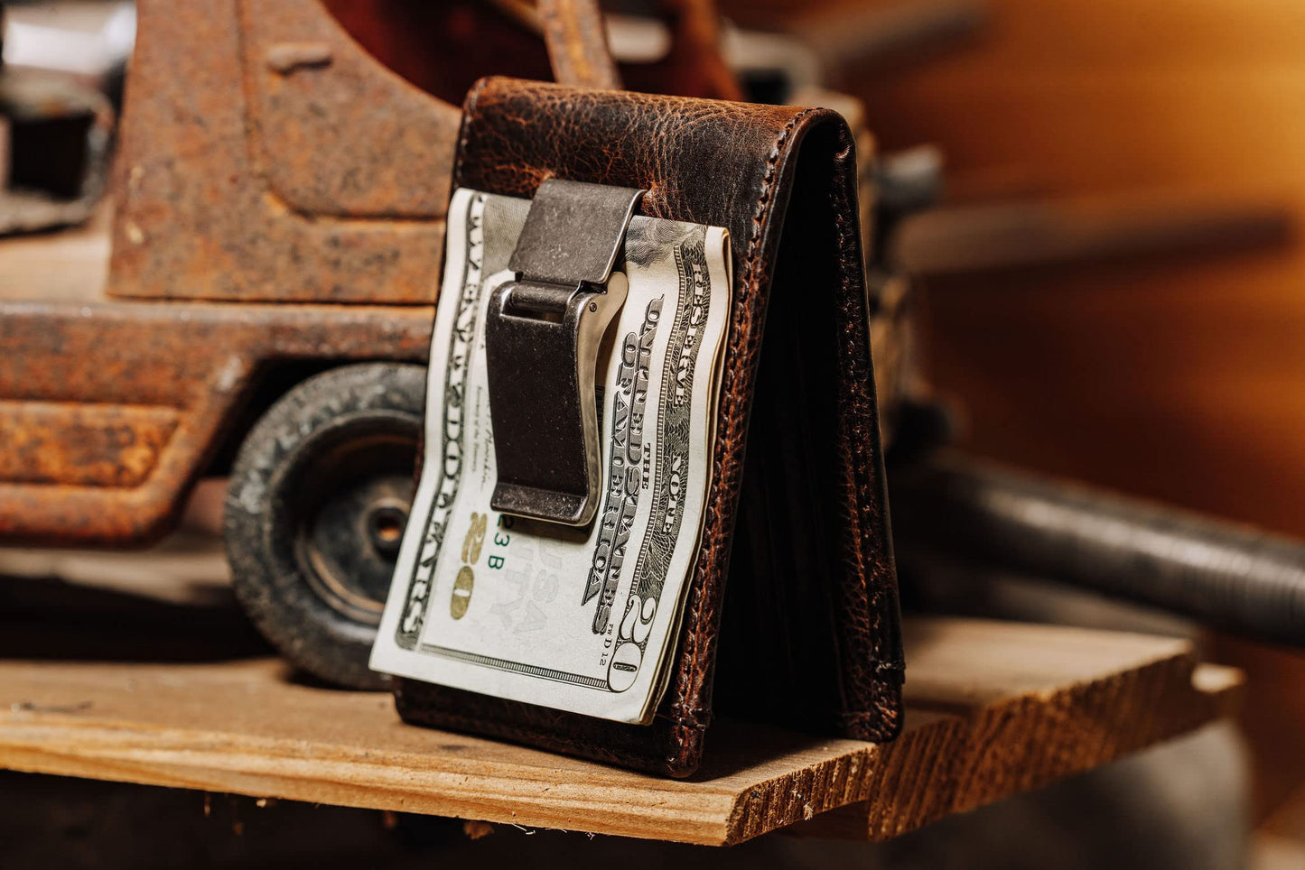 House of Jack Co. Deacon Bifold Money Clip Wallet for Men – Slim Front Pocket Leather Wallet with Metal Cash Clip, Exterior ID Window & Card Holder, Full-Grain Cowhide, Brown