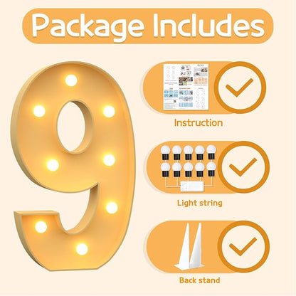 Marquee Numbers 3 Feet Tall Large Light Up Numbers 9th 90th On Cloud 9 Birthday Decorations Girl Boy Big Yellow Light Outdoor Anniversary Decorations Balloon Arch Kit Party Backdrop 9