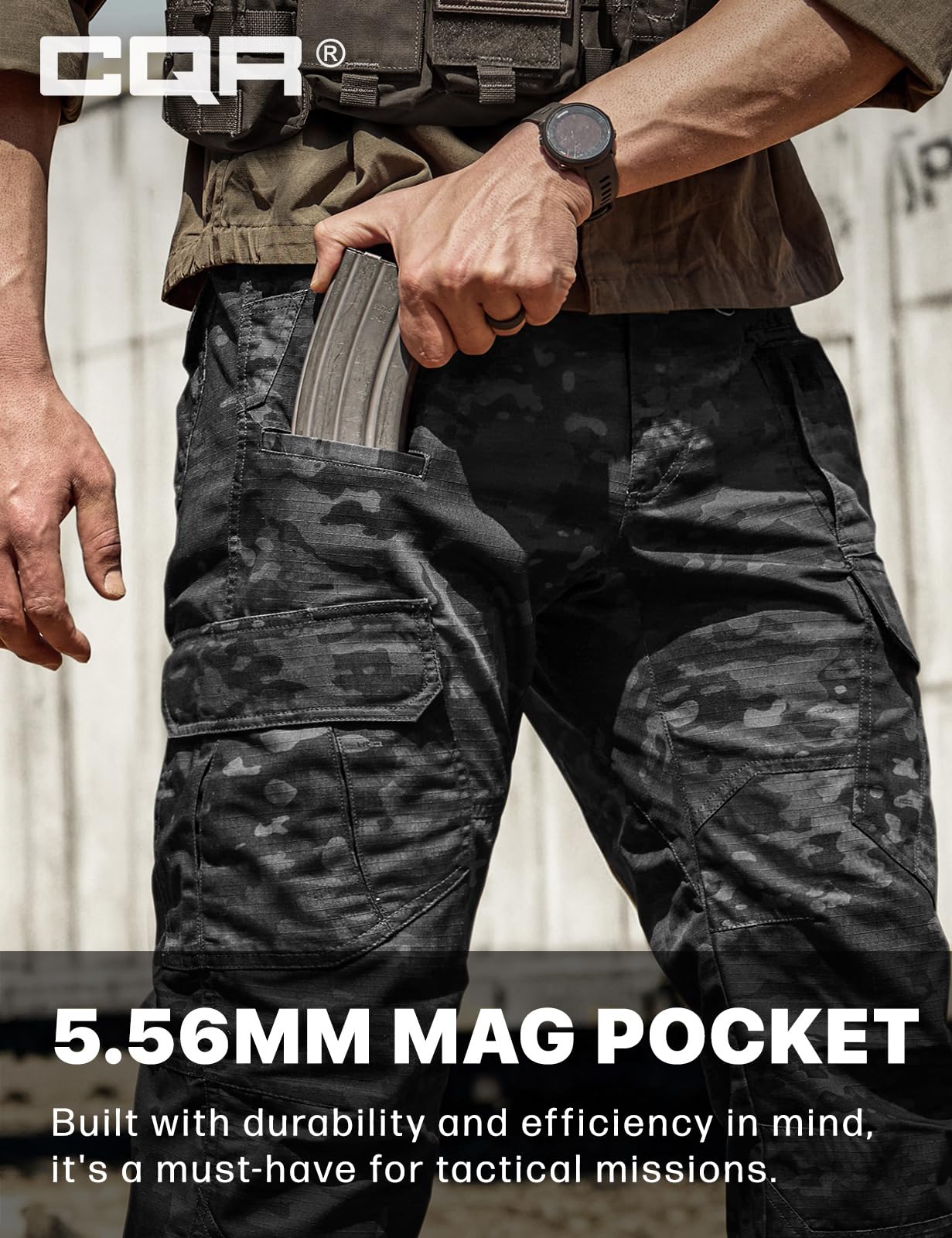 CQR Men's Tactical Pants, Water Resistant Ripstop Cargo Pants, Lightweight EDC Work Hiking Pants, Outdoor Apparel, Duratex Mag Pocket Print Utility Camo Black, 36W x 34L