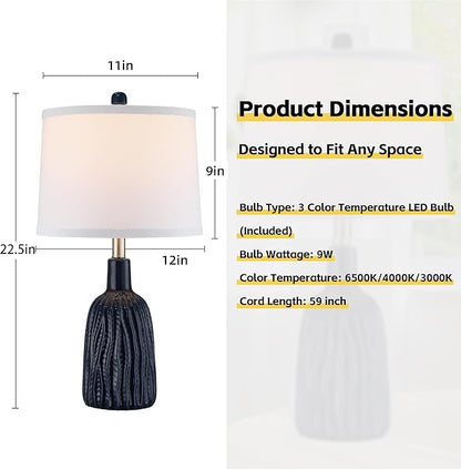 GRUENLICH Ceramic Table Lamp Set of 2 for Nightstand, 22.5" Modern Blue Bedside Lamp with 3 Adjustable Color Temperature, Bedroom Light for Living Room Desk End Table Office (2 LED Bulbs Included)