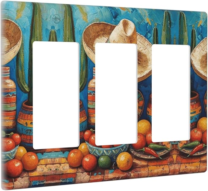 Decorative Art Light Switch Covers Mexican Sombrero & Serape Vibes 3 Gang Triple Rocker Outlet Switch plate GFCI Faceplate GFCI for Home Decor
