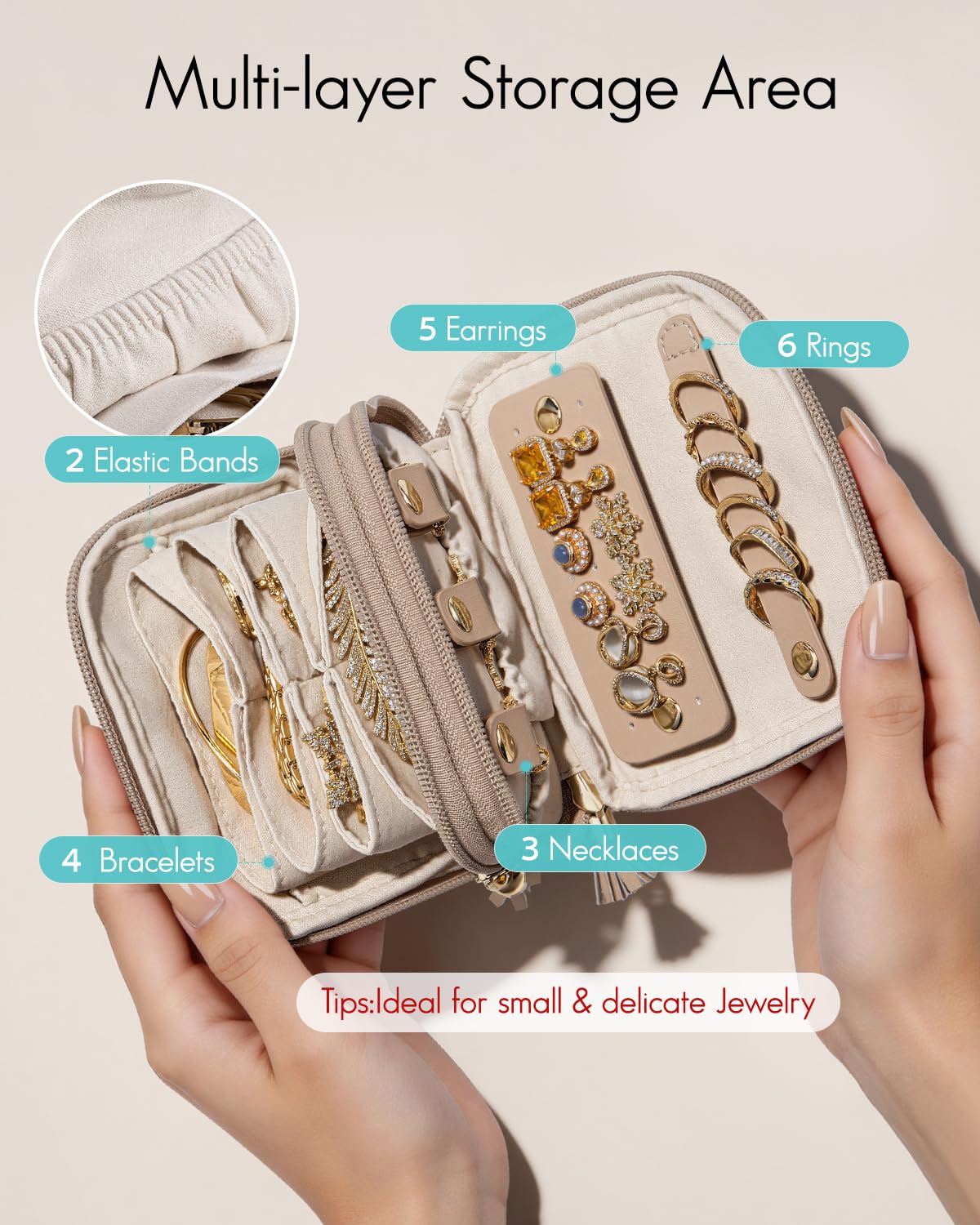 VLANDO Travel Jewelry Case,2-Layer Jewelry Organizer,Gifts for Women Bride,Travel Essentials,Multi-Compartment Jewelry Storage for Rings Earrings Necklaces Bracelets - Toffee