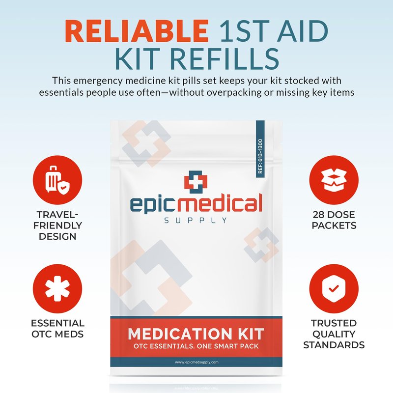 Epic Medical Supply First Aid Kit Medication Refill – 43-Count Unit Dose Packets - Alcohol Pads & Bandages – Emergency Medicine Kit Pills - 1st Aid Kit Refill, Travel, Camping – Assembled in USA