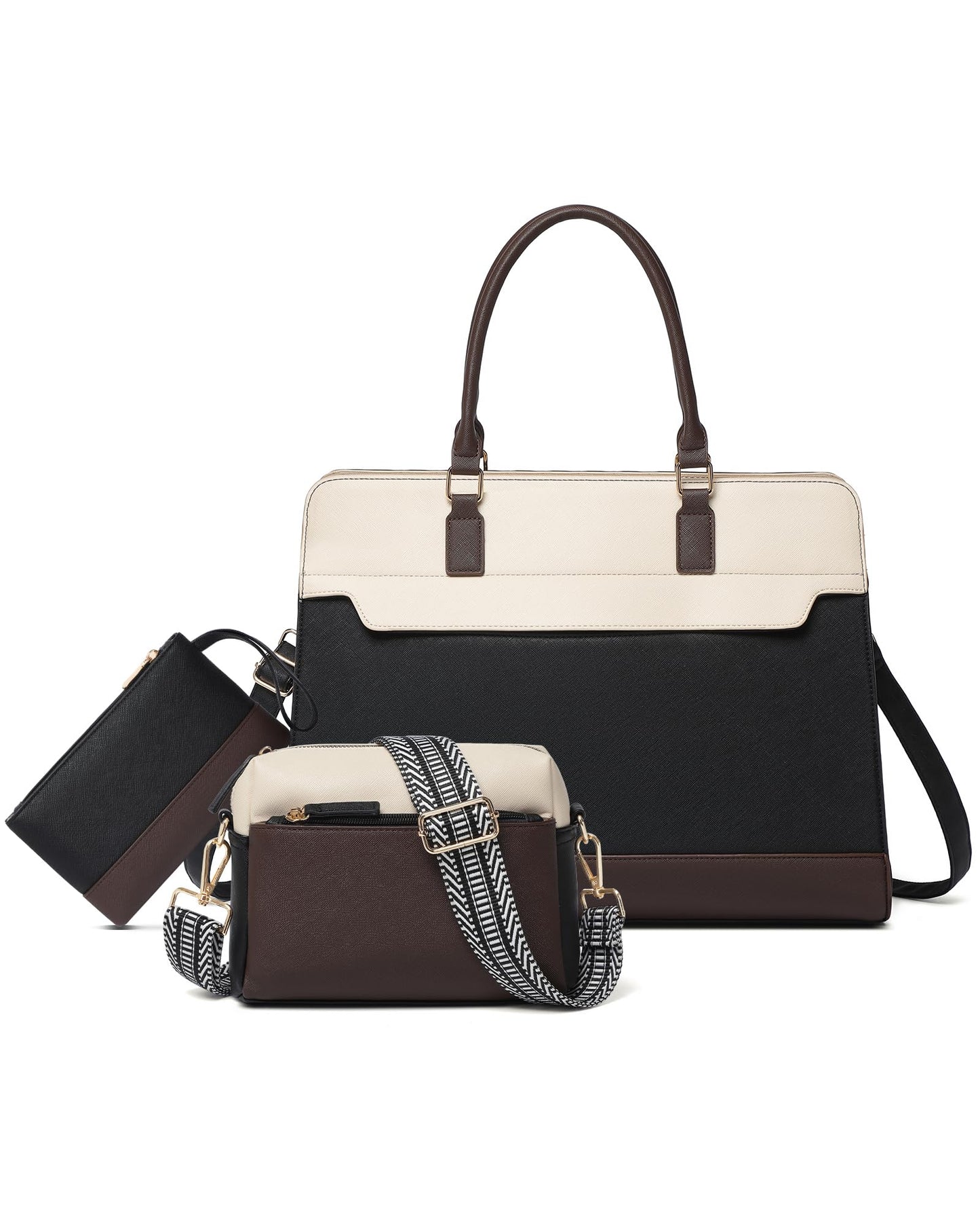 Laptop Bag for Women, 3PCS Vegan Leather Tote Bag for Work with 2 Shoulder Straps, Teacher Purse Office Handbag Computer Briefcase Gifts